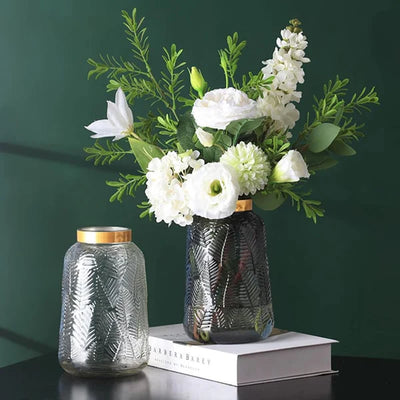 Vase en Verre Transparent avec Motif Feuilles