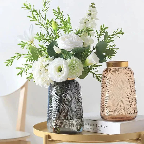 Vase en Verre Transparent avec Motif Feuilles