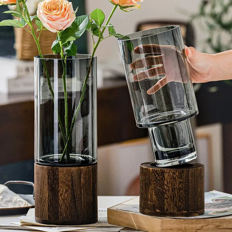 Vase en Verre Moderne Transparent avec Base en Bois