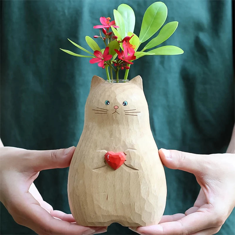 Vase Créatif de Chat en Bois et Résine