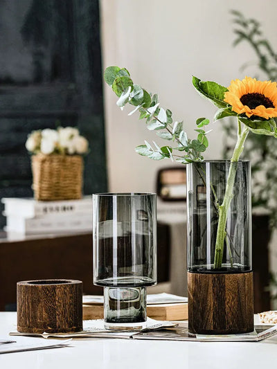 Vase en Verre Moderne Transparent avec Base en Bois