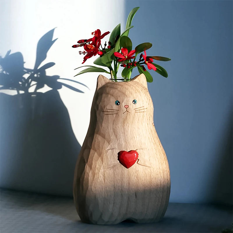 Vase Créatif de Chat en Bois et Résine