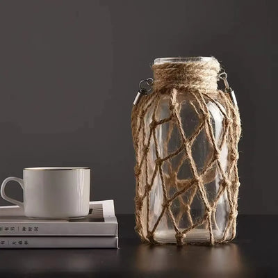 Vase Rustique en Verre Transparent avec Corde de Chanvre